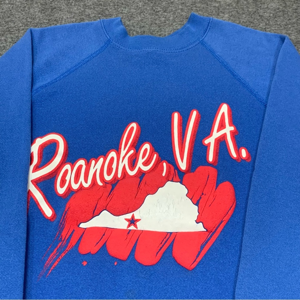 Vintage 80s Roanoke Virginia Blue Raglan Sweatshirt‎ Tultex Puff Print Medium